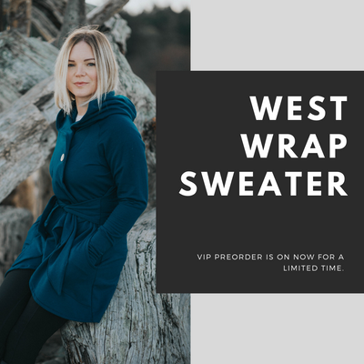 Close up details of The West Wrap Bamboo Sweater.