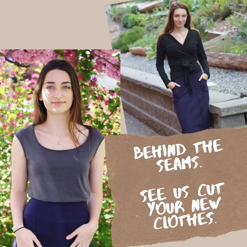 Cutting bamboo clothing in our studio.