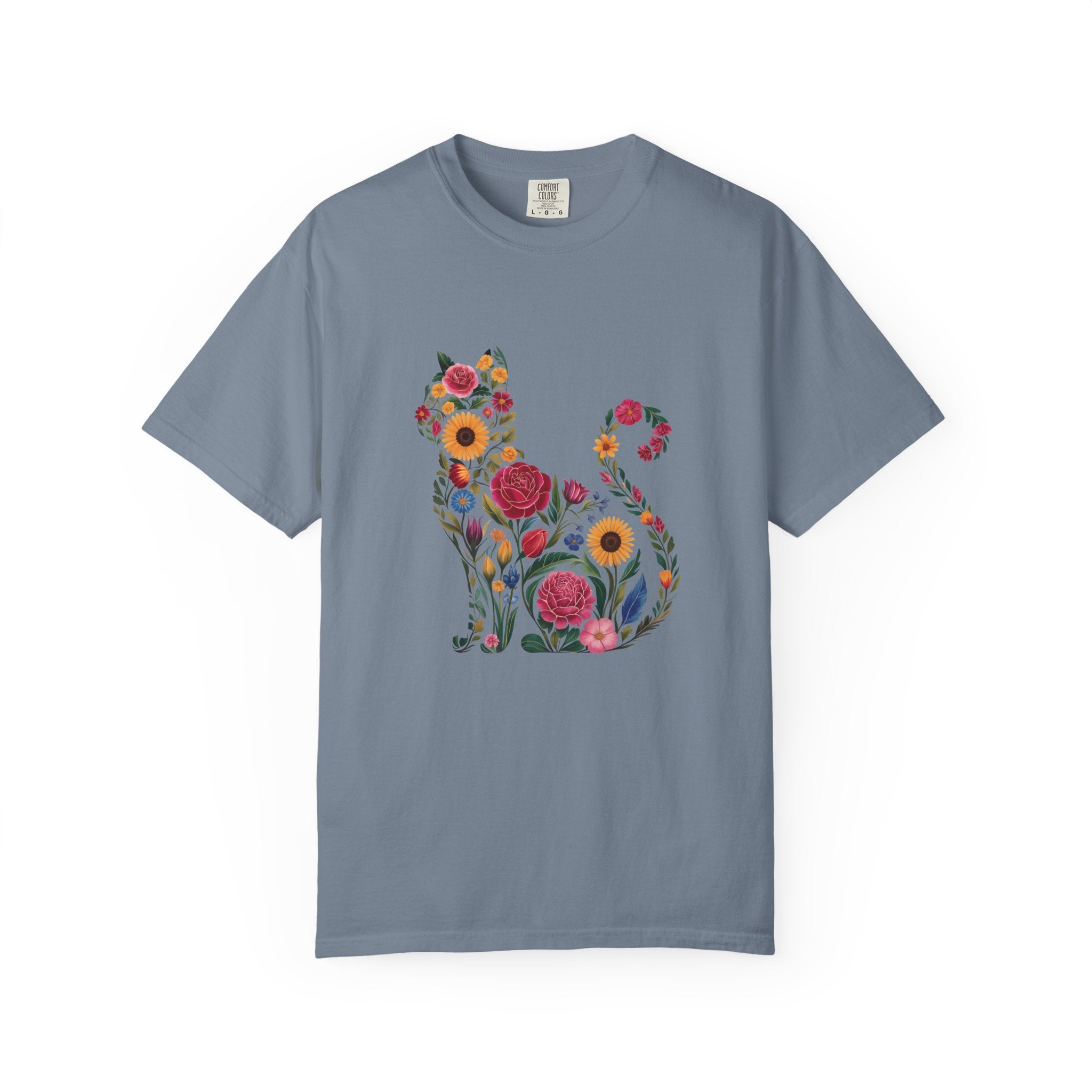 Blue t-shirt with floral cat design on a white background