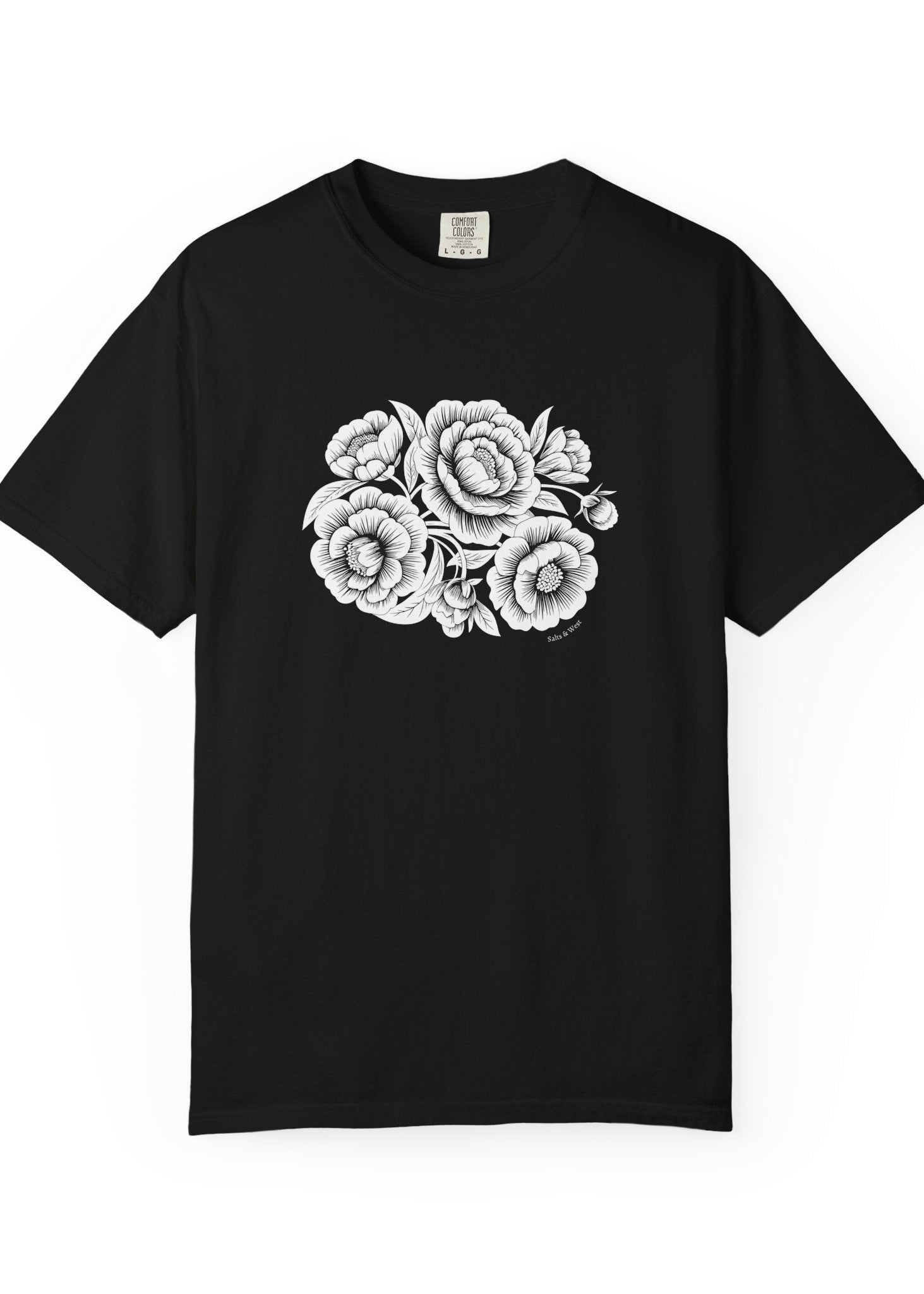 Black t-shirt with white floral design on a white background, 100% cotton natural clothing.