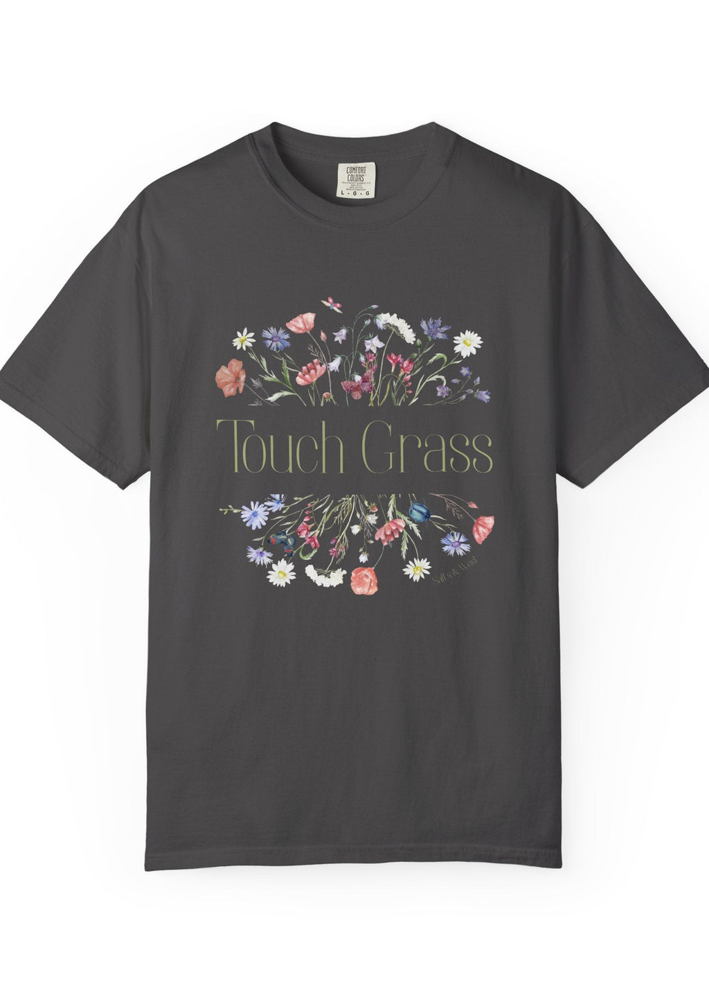 Dark gray t-shirt with floral design and 'Touch Grass' text, made in Canada.