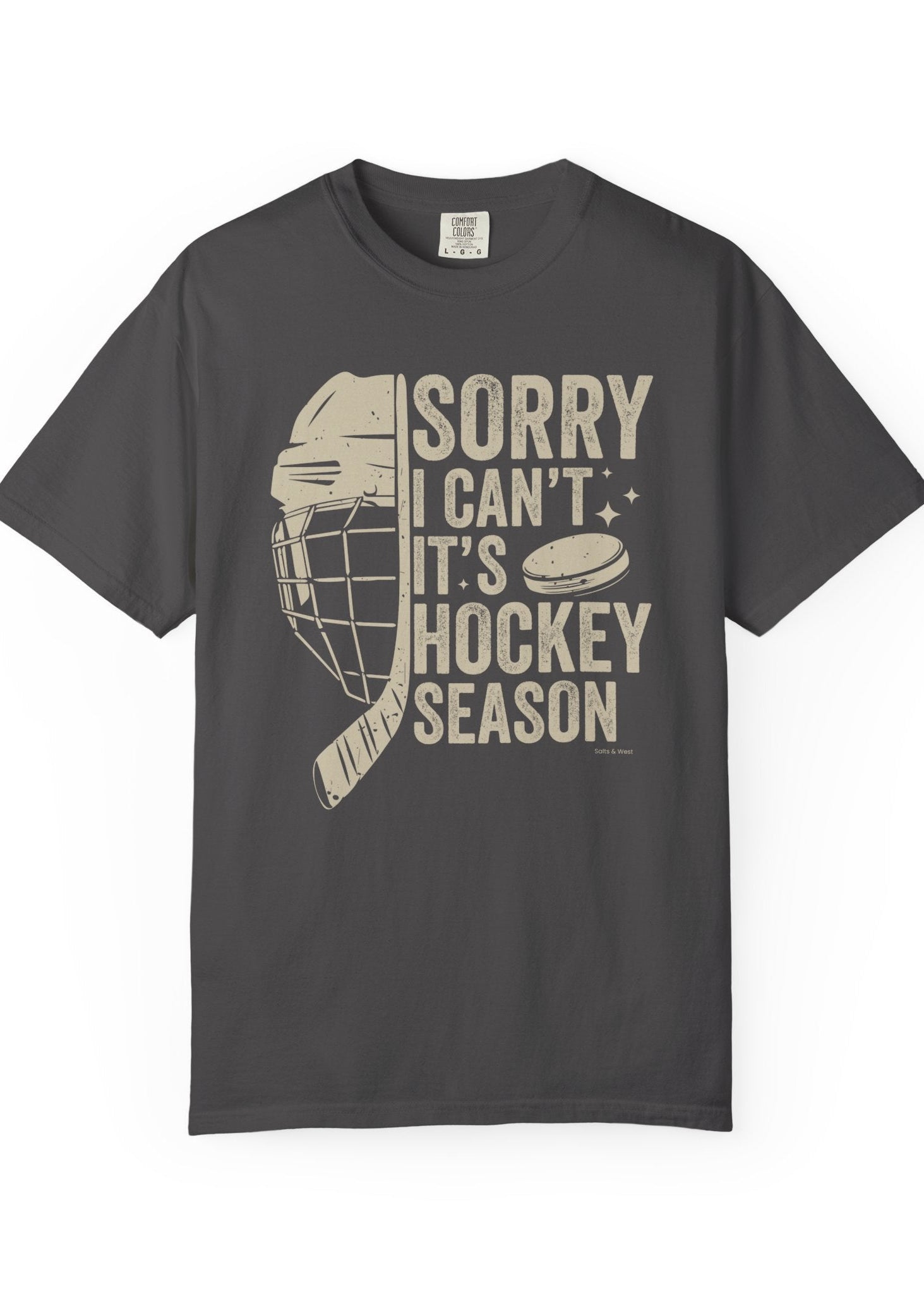 Gray t-shirt with hockey-themed graphic and text on a white background. Made in Canada Clothing.