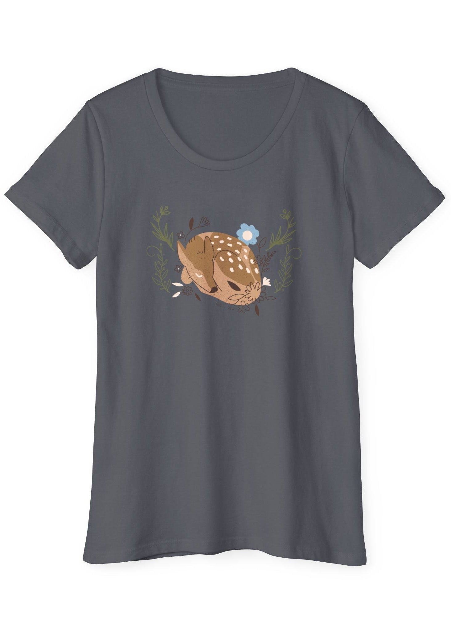 Gray100% organic cotton t-shirt in Canada with a deer graphic.