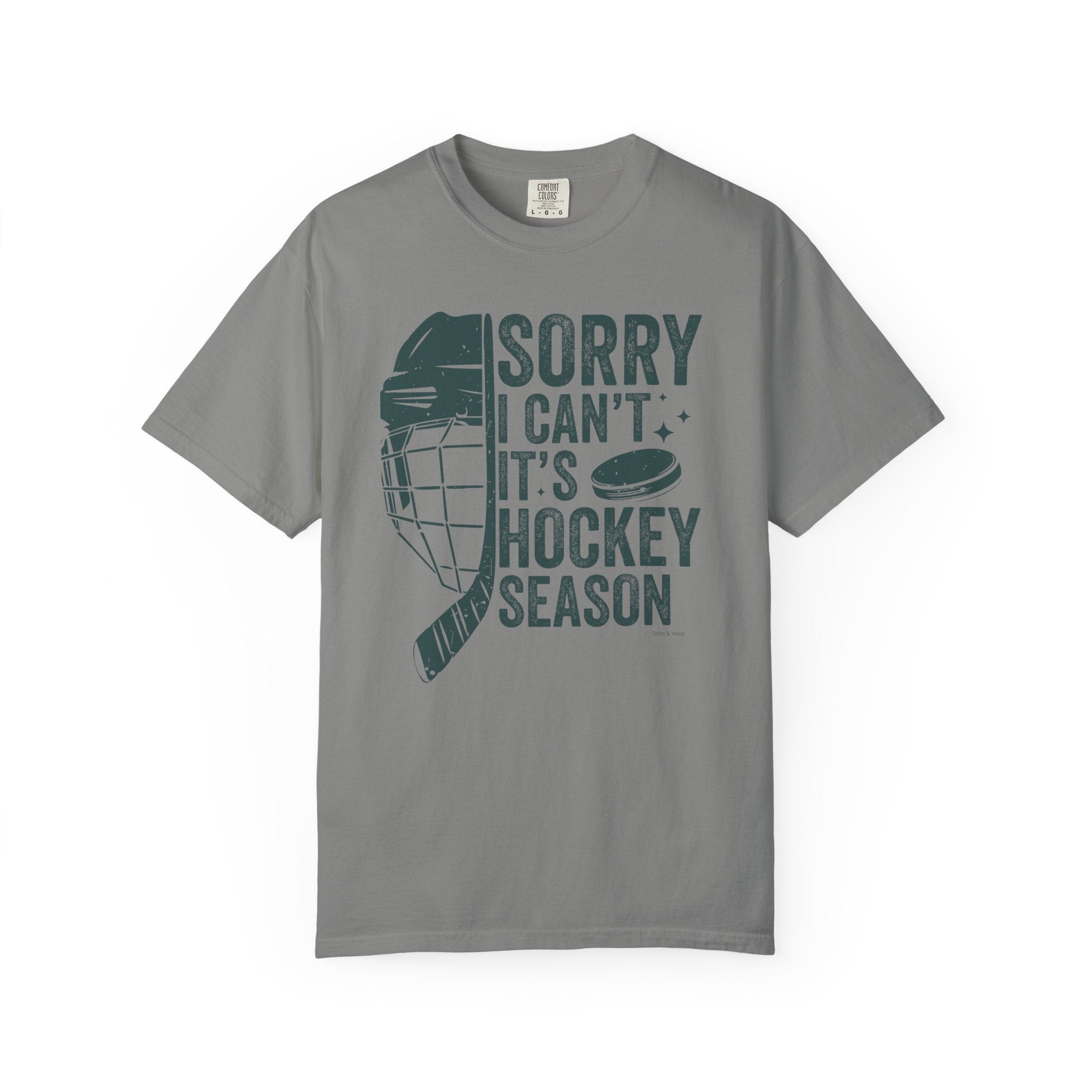 Gray t-shirt with hockey-themed graphic and text on a white background