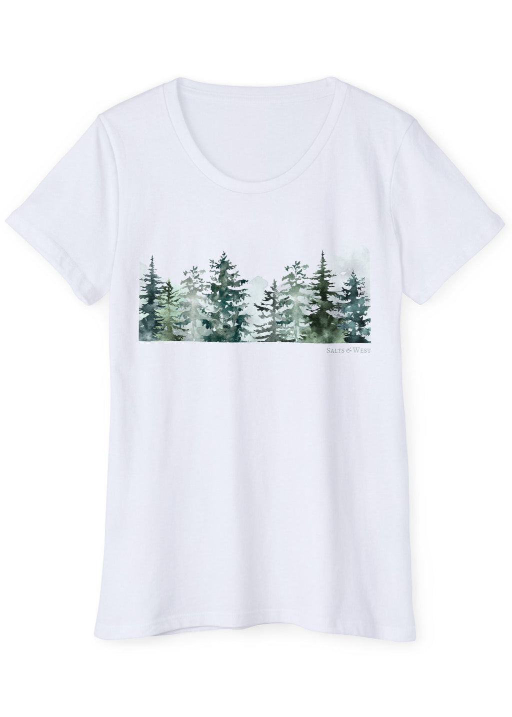 White 100% organic cotton t-shirt in canada with a forest design on a white background
