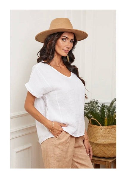 Textured V-Neck T-Shirt - 100% Linen