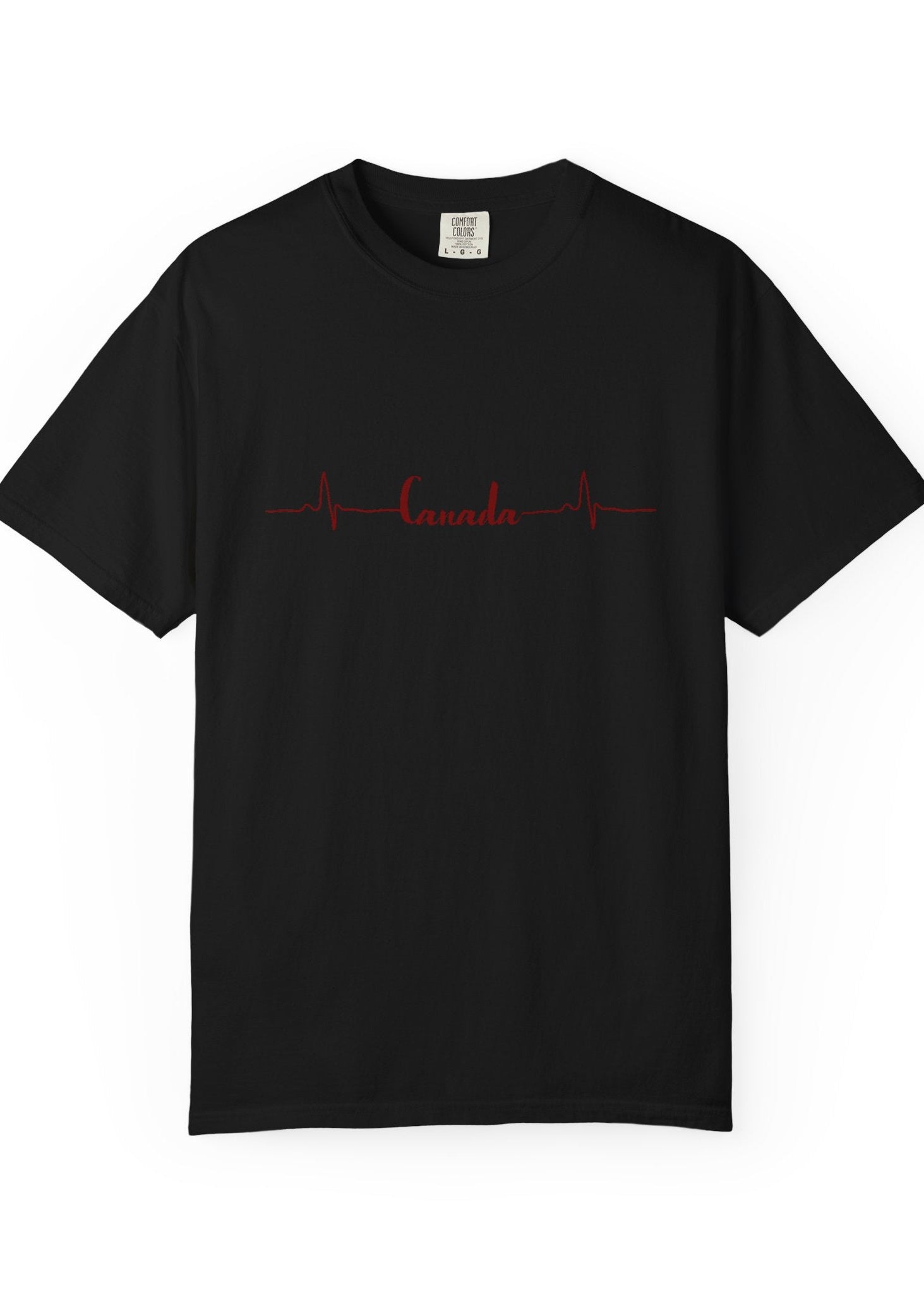 Black cotton t-shirt with Canadian red heartbeat design on a white background