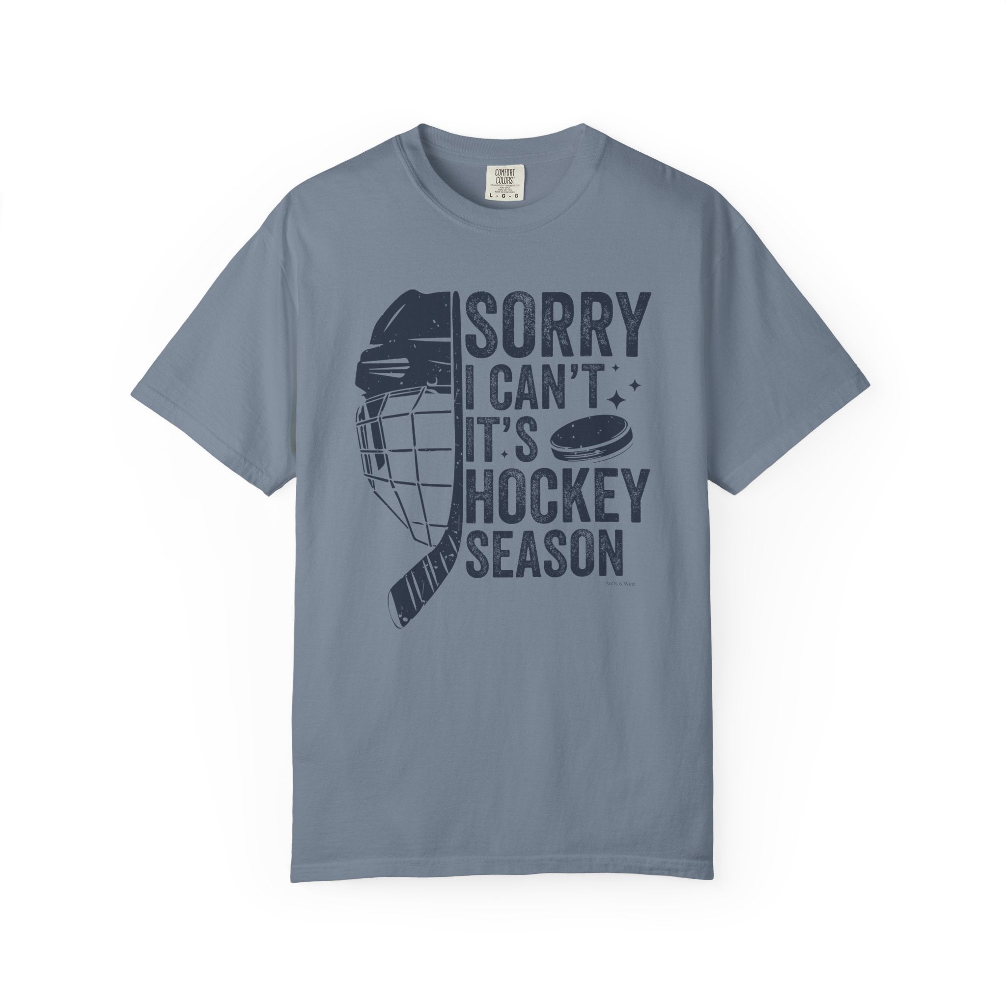 Gray t-shirt with hockey-themed graphic and text on a white background