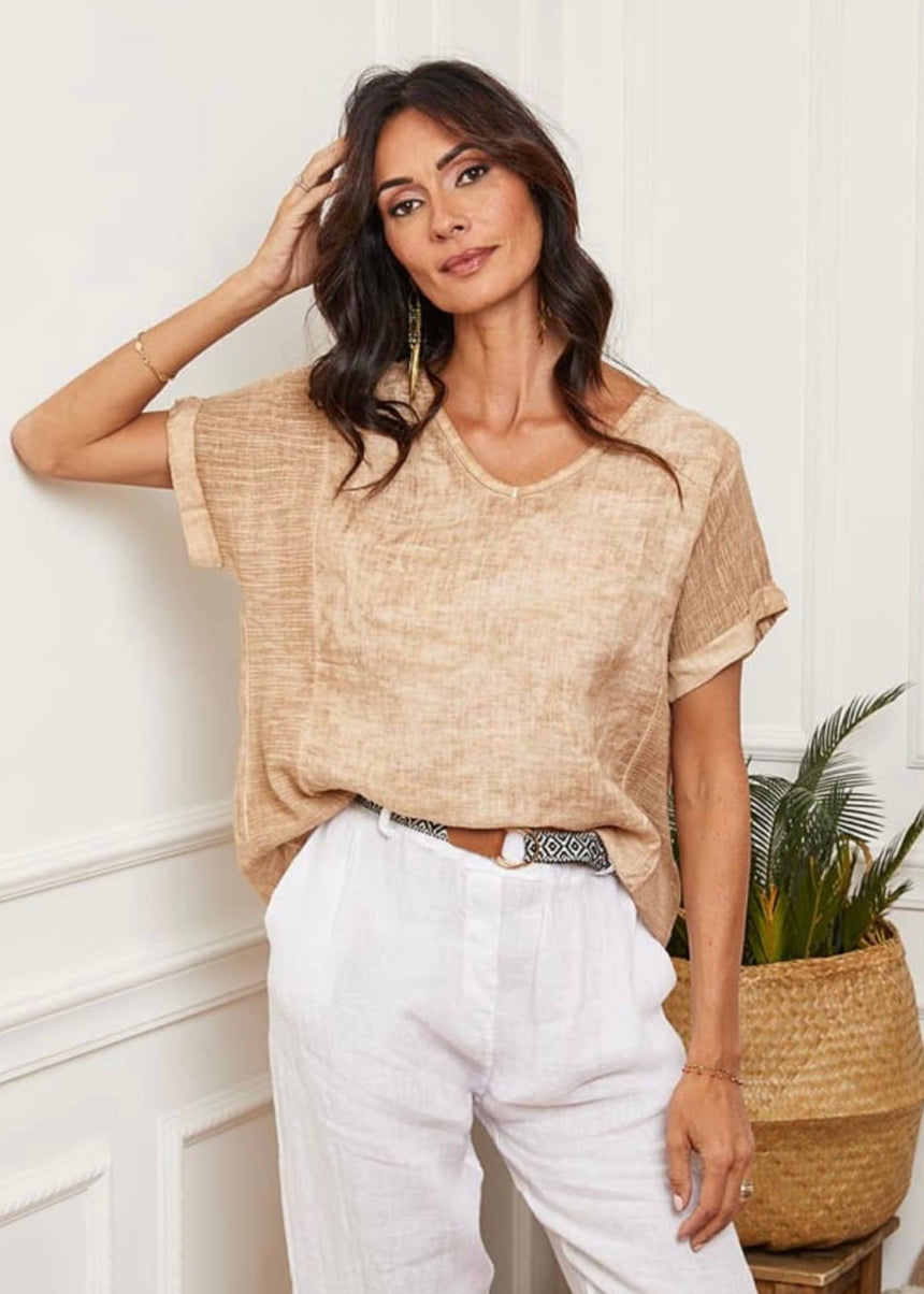 Textured V-Neck T-Shirt - 100% Linen