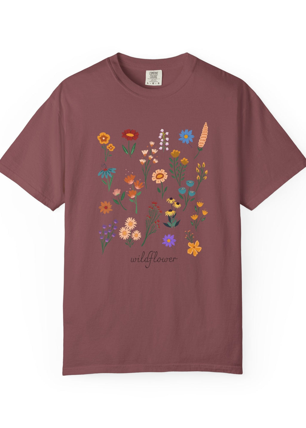 Maroon 100% cotton t-shirt with colorful floral design and 'wildflower' text on a white background