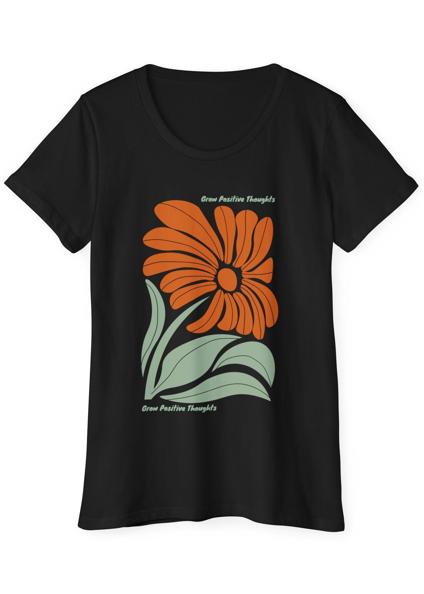 Black organic cotton t-shirt with an orange flower design on a white background