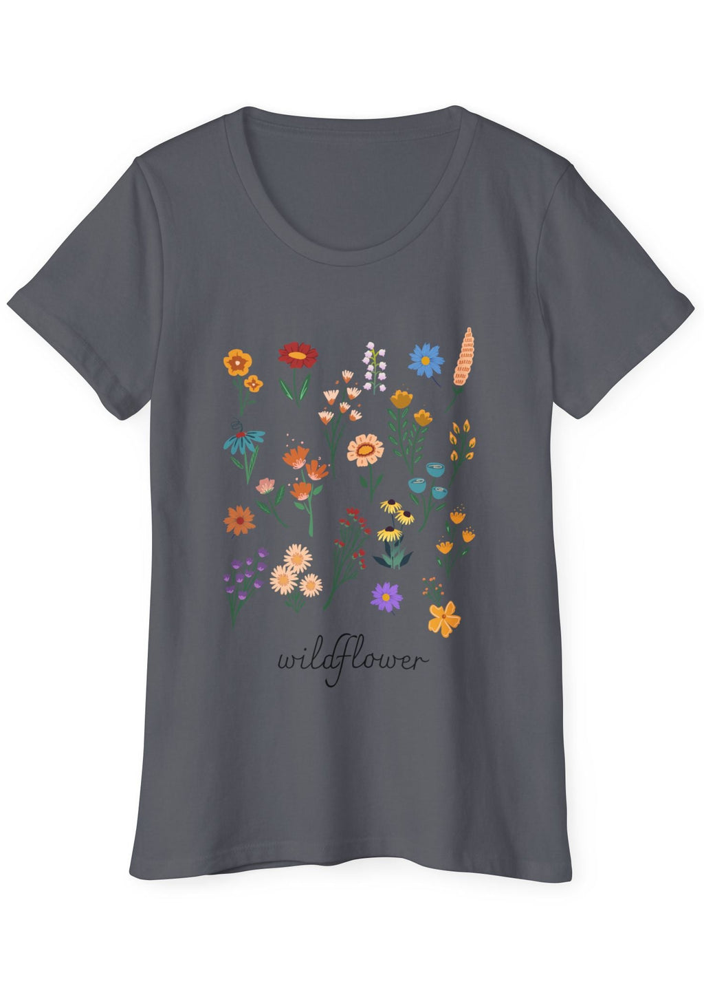Gray organic cotton t-shirt with colorful floral design and 'wildflower' text on a white background