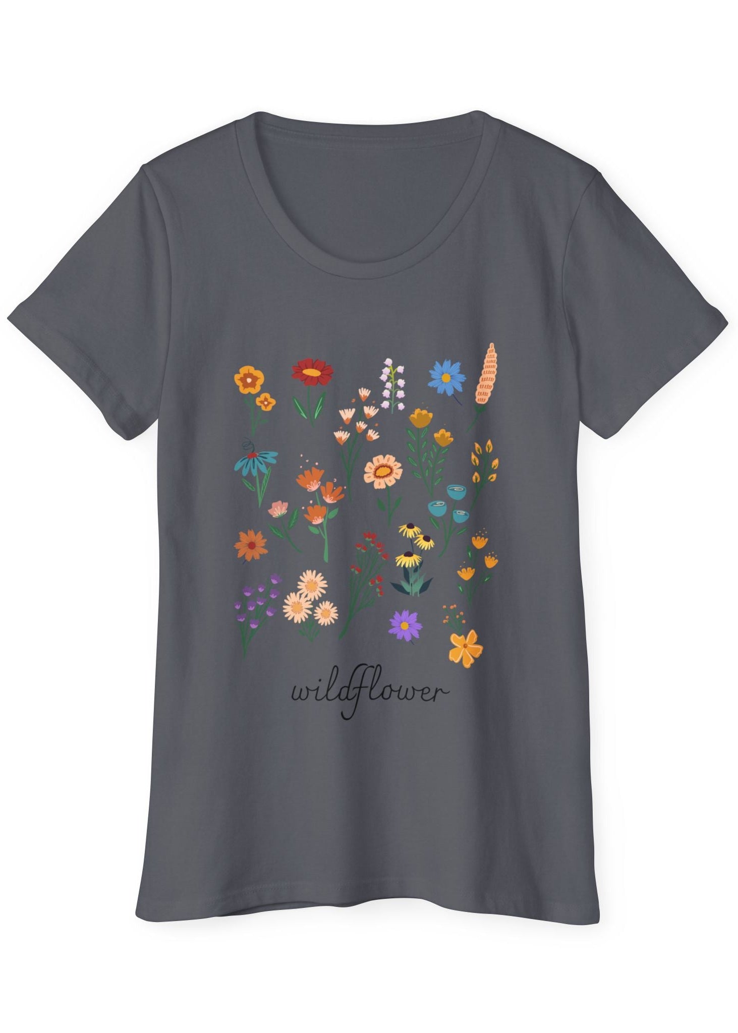 Gray organic cotton t-shirt with colorful floral design and 'wildflower' text on a white background