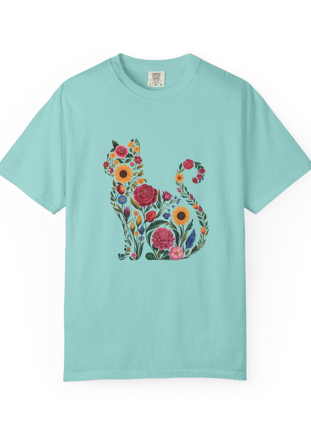 Flower cat image on a 100% cotton tshirt.