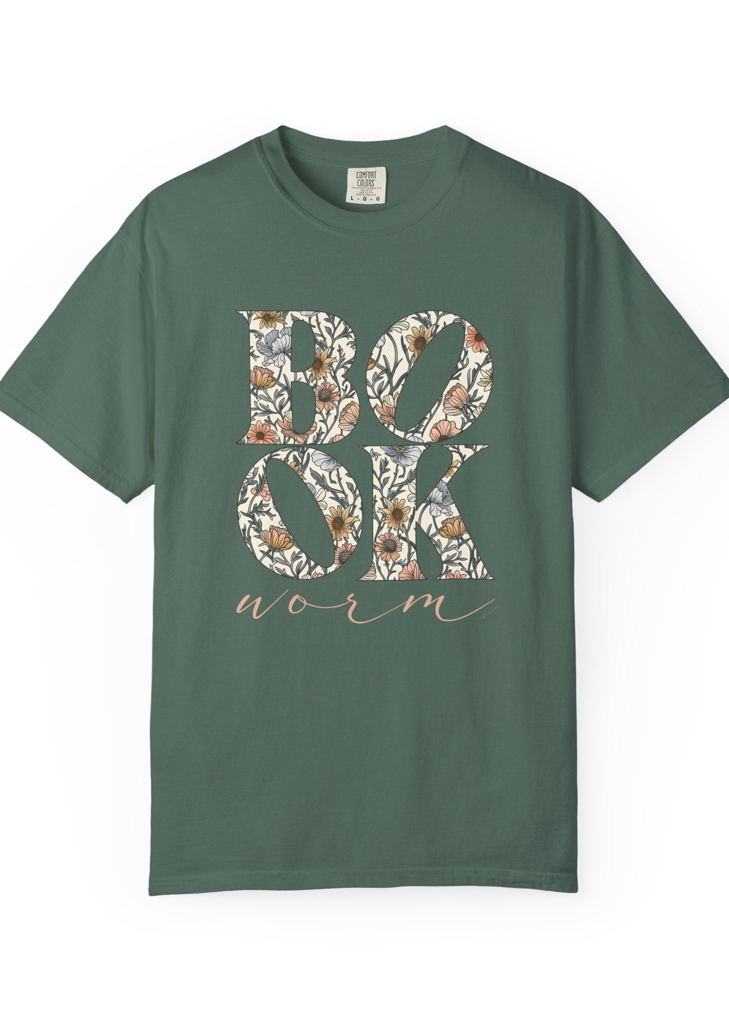 Green t-shirt with 'BOOK worm' text and floral design on a white background