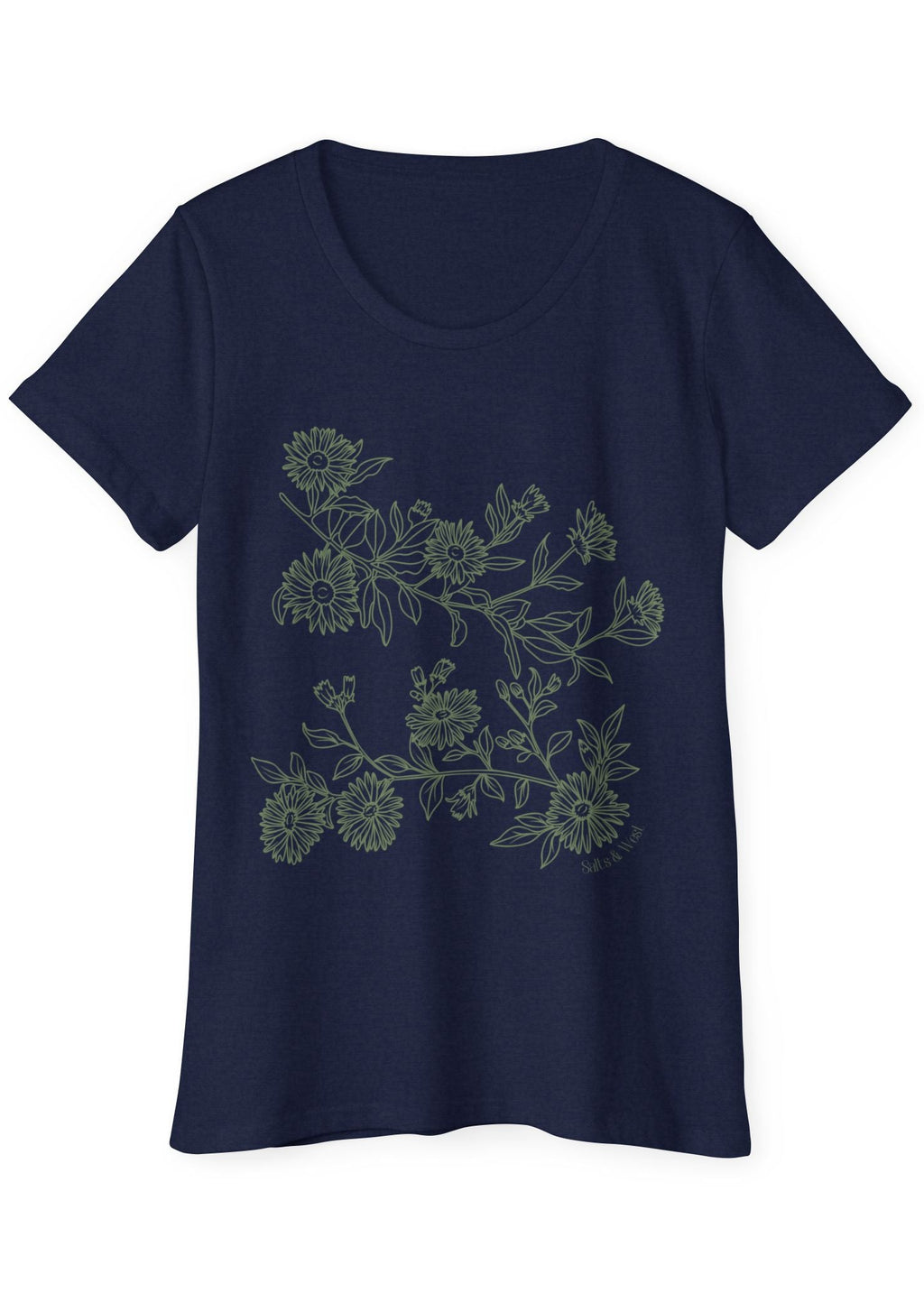 Navy blue 100% organic cotton t-shirt with floral design on a white background