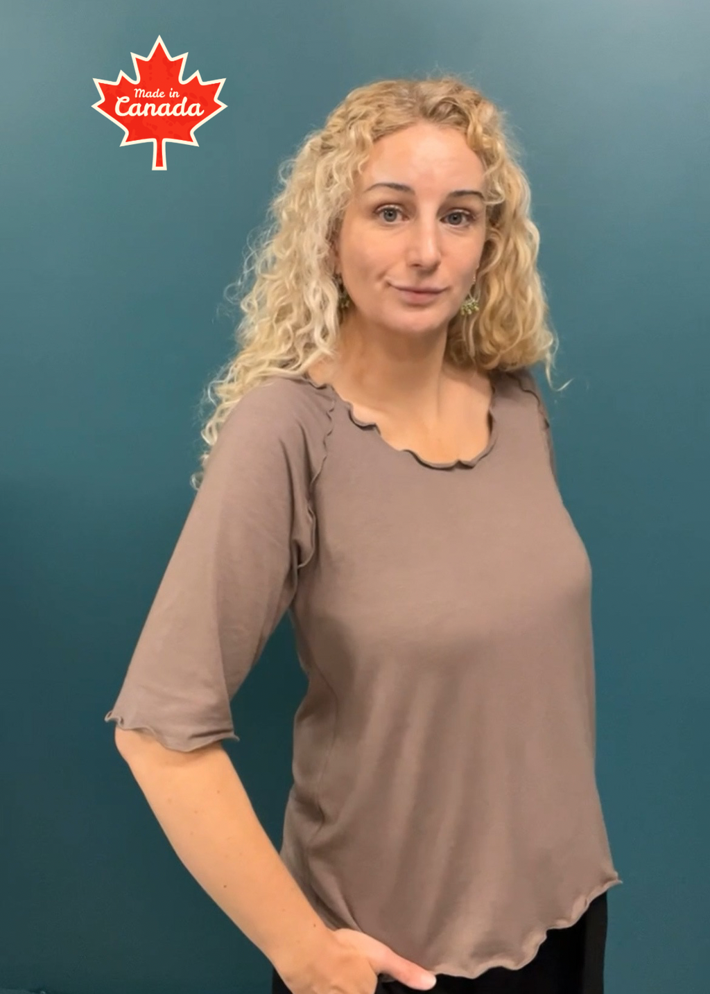 Bamboo clothing top - made in canada clothing, sandy brown top in a 3/4 sleeve legnth.