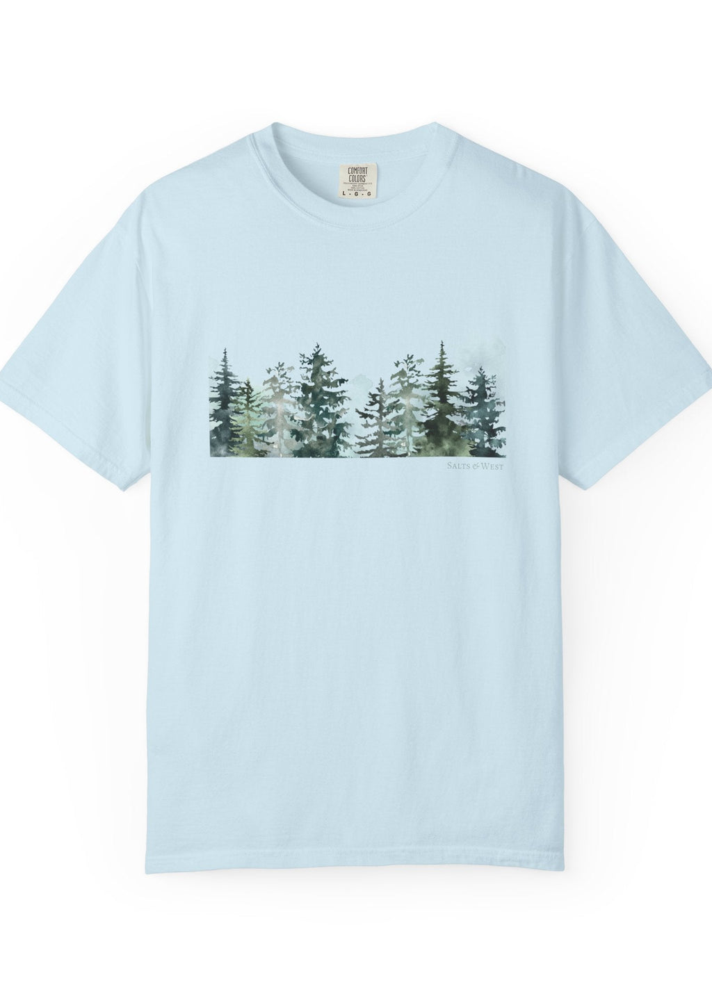 Light blue 100% cotton t-shirt with a graphic of trees on a white background