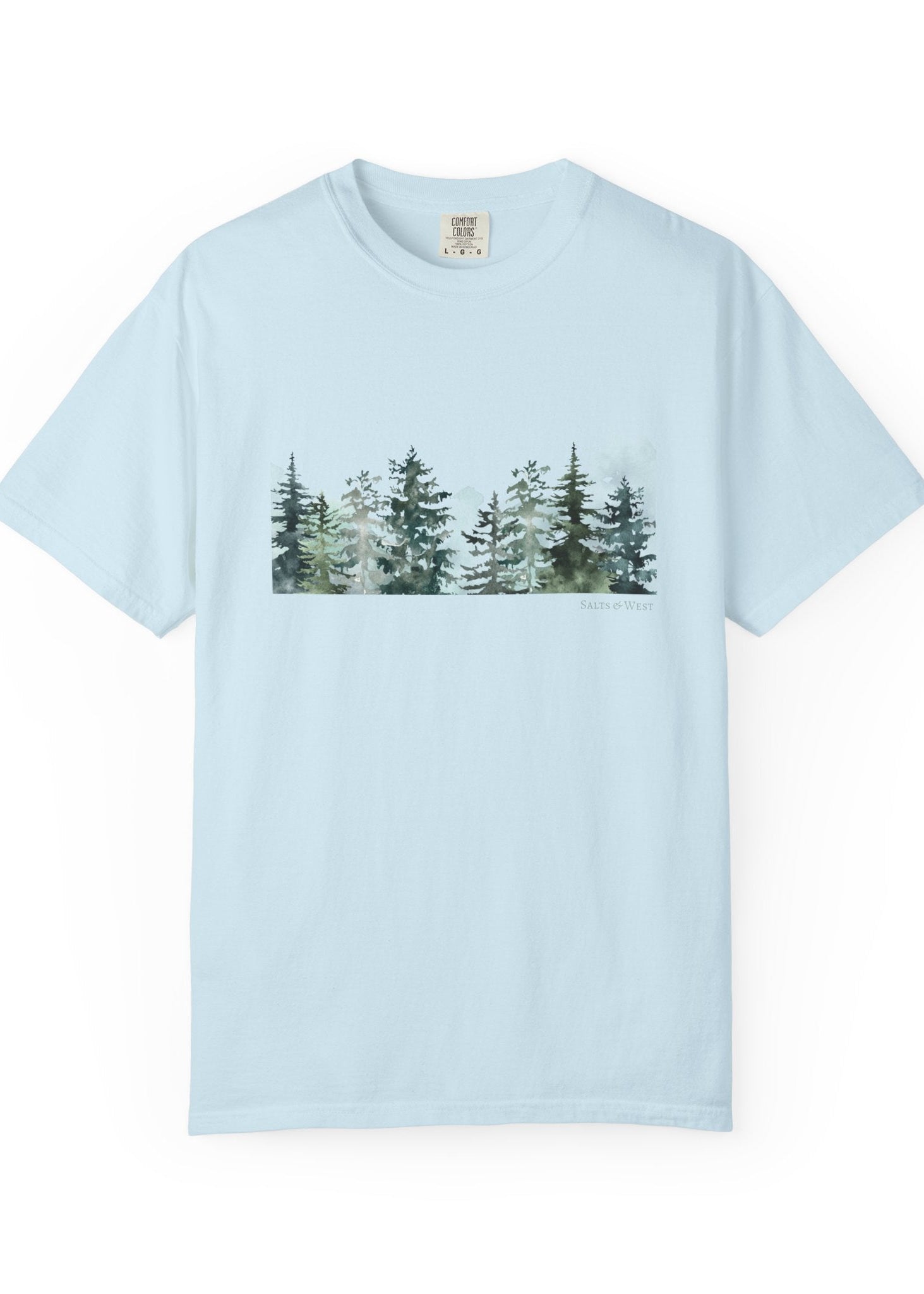 Light blue 100% cotton t-shirt with a graphic of trees on a white background