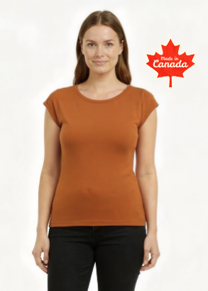 Woman wearing a rust-colored top and black pants on a white background with a Canada flag logo.