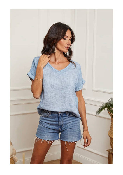 Textured V-Neck T-Shirt - 100% Linen