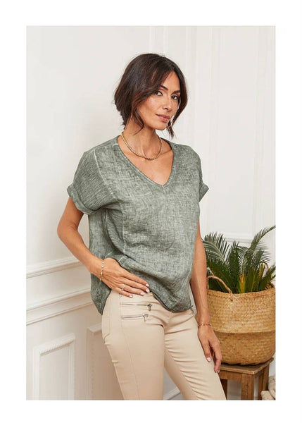 Textured V-Neck T-Shirt - 100% Linen