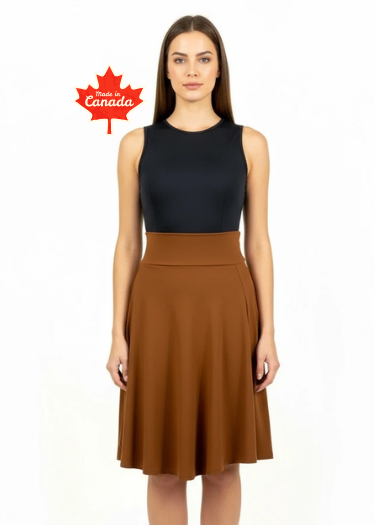 Woman wearing a black top and brown skirt with 'Made in Canada' label.