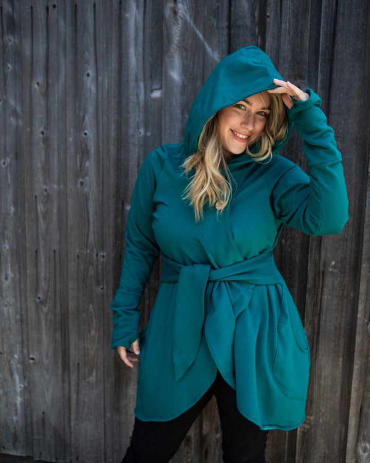 Peacock Blue hood up bamboo sweater.