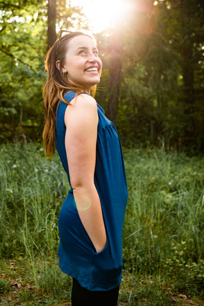 Side view of the blue bamboo tunic.