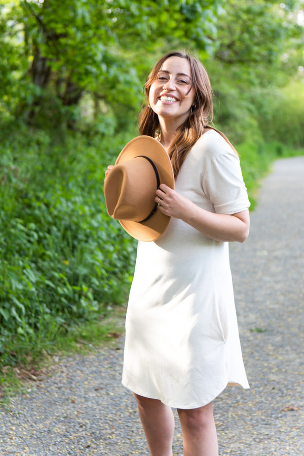 Front of bamboo dress with hat.