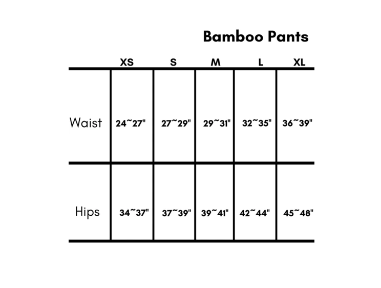 Size chart for the bamboo legging and bamboo pants.