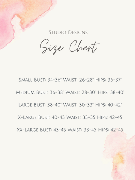 Studio Bamboo clothing size chart.